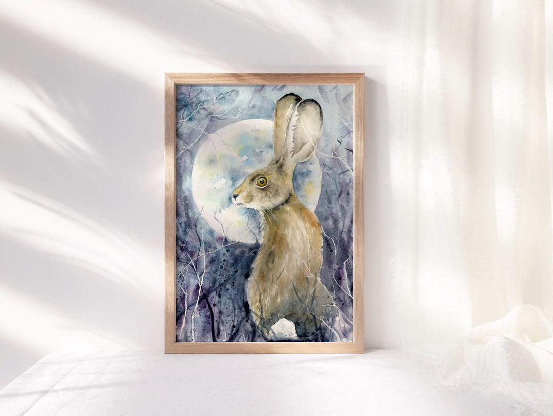 Hare and Moon Watercolor Art Print, Mystical Wall Decor - Etsy
