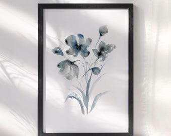 Zarter blauer Aquarelldruck | Ruhige, minimalistische botanische Wandkunst | Modernes, zeitgenössisches Blumenposter | Sanfte, elegante, organische Wohndekoration