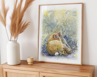 Mother Hen and Chicks Watercolor Art Print, Country Decor