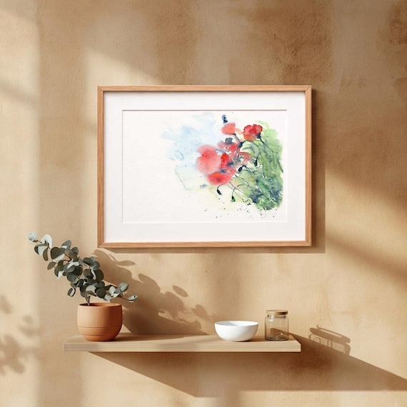 Vibrant Red Poppies Watercolor Soft Floral Art Print | Botanical Impressionist Flower Wall Decor Poster | Fine Unframed Archival Living Gift