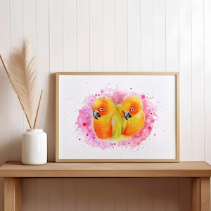 Lovebird Watercolor Print – Colorful Parrot Wall Art – Tropical Bird Couple Painting – Bright Nursery Decor