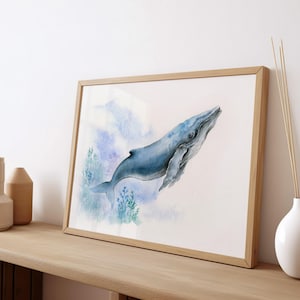 Blue Whale Painting Nautical Wall Art Print Sea Animal Painting Home Decoration Colorful Loose Watercolor Painting Underwater Art