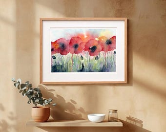 Akvarelltryck med röd vallmo, botanisk blommig väggkonst | Mjuk fältmålning, vardagsrumsdekor | Coquelicot-poster med solnedgång, present till blomsterälskare
