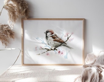 Sparrow Watercolor Painting, Bird Wall Art Print