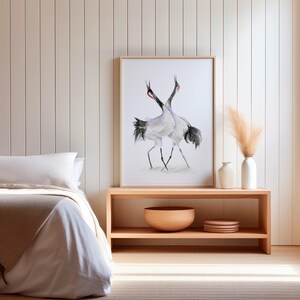 Akvarell väggkonst med dansande trana | Minimalistisk fågeltryck | Zen heminredning | Personlig bröllopspresent | Modern japansk naturkonst bild 6