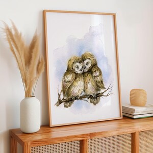Owl Couple Watercolor Bird Wall Art Painting Print Gift Idea by Robine Art Shop