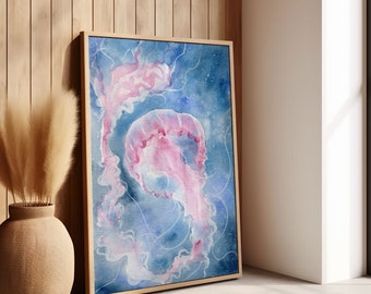 Jellyfish Underwater Watercolor Painting Calming Blue Nautical Print