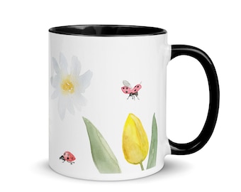Mug personnalisé coccinelle | tasse à café florale | Cadeau porte-bonheur | Cadeau pour amoureux de coccinelle | Illustration du scarabée rouge | Mug en céramique inspiré de la nature