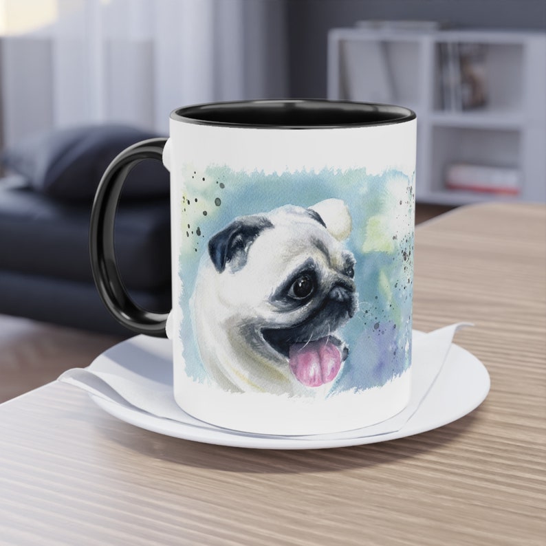 Cute Pug Watercolor Mug | Personalized Dog Pet Portrait | Unique Pug Mom Gift | Funny Dog Lover Coffee Cup | Custom Ceramic Animal Art image 3