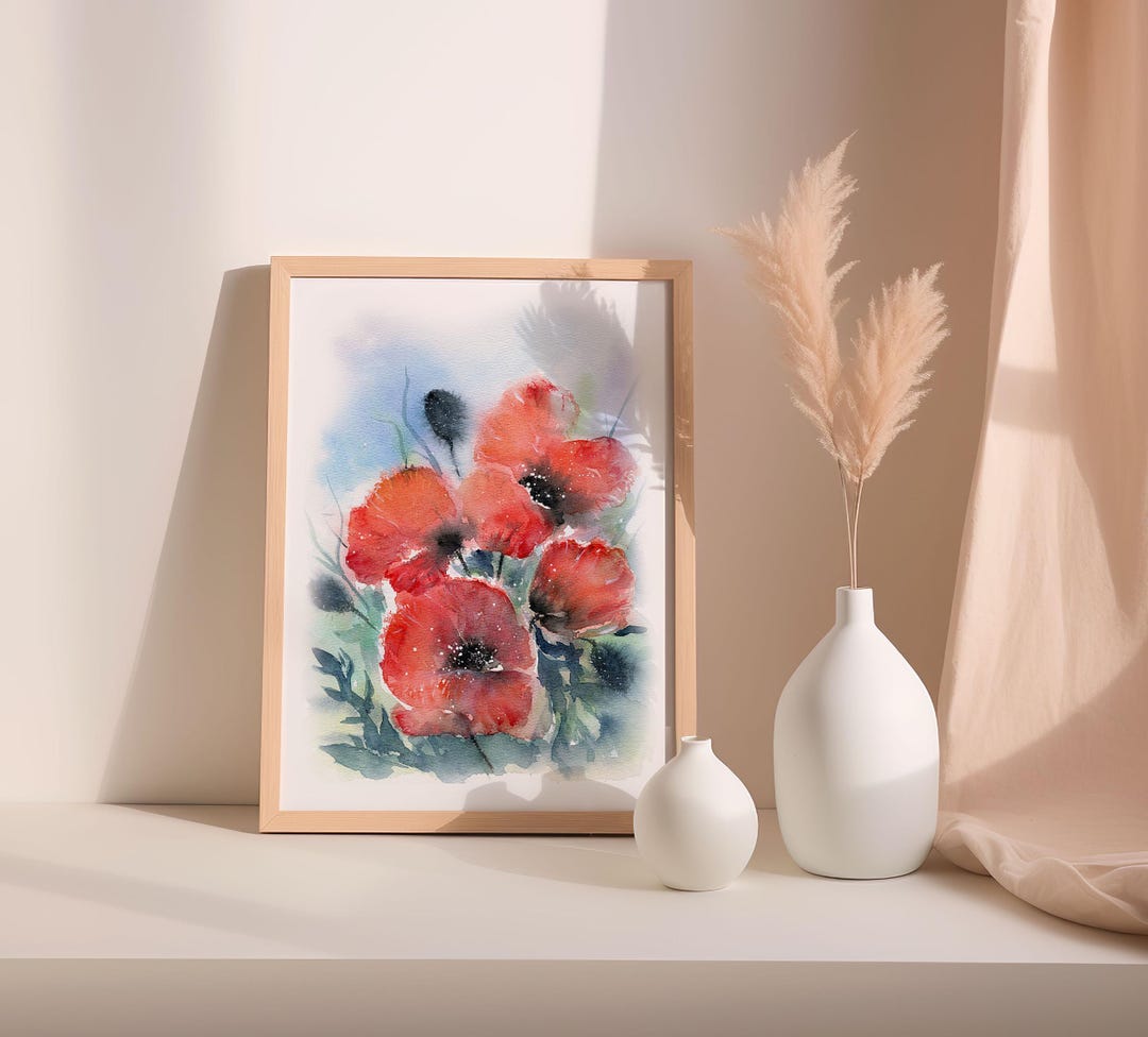 Summer Red Poppies Watercolor Print Floral Painting Botanical Art - Etsy