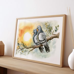 Pigeon LOVE Sunset Adorable Watercolor Painting Wall Art Print