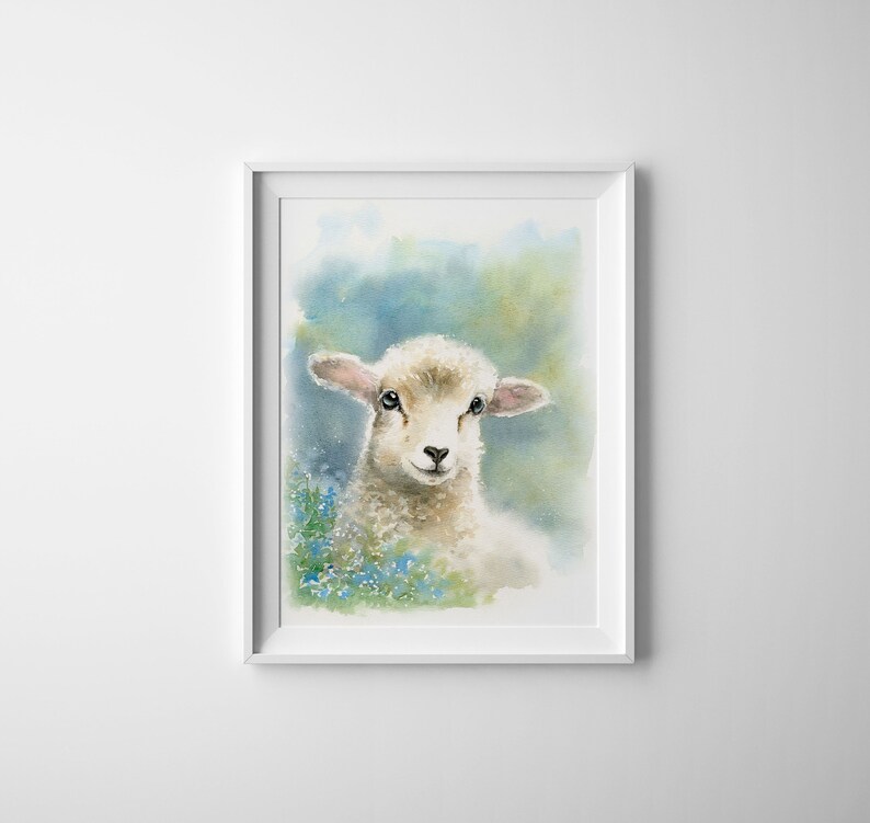 May include: Watercolor painting of a white lamb with blue flowers in the background. The lamb is looking directly at the viewer with its head tilted slightly to the side.