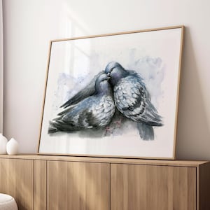 Pigeon Love Watercolor Print of Two Pigeons Kissing