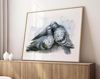 Pigeon Love Watercolor Print of Two Pigeons Kissing