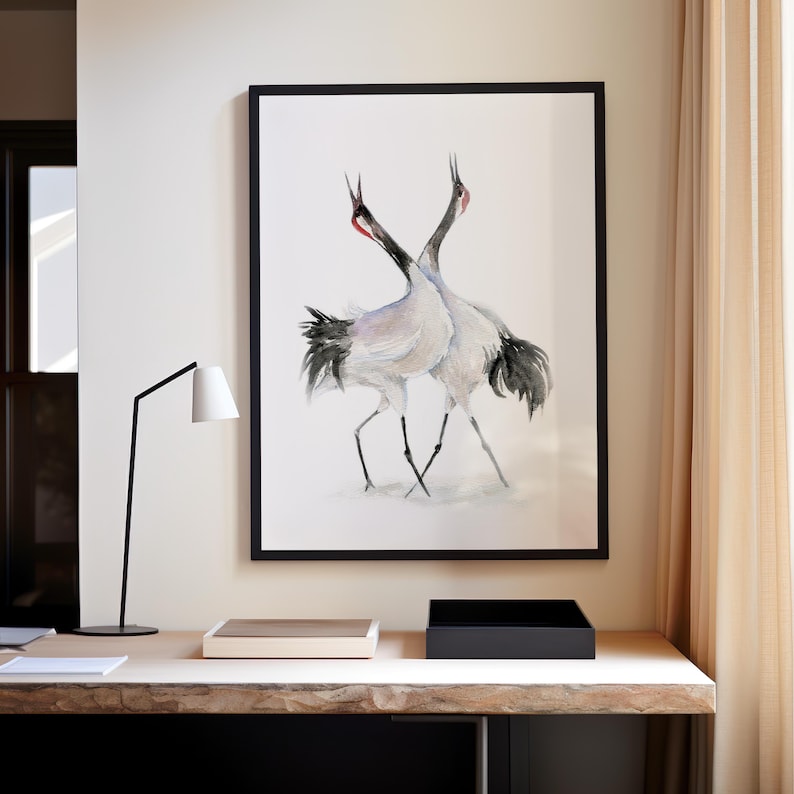 Akvarell väggkonst med dansande trana | Minimalistisk fågeltryck | Zen heminredning | Personlig bröllopspresent | Modern japansk naturkonst bild 10