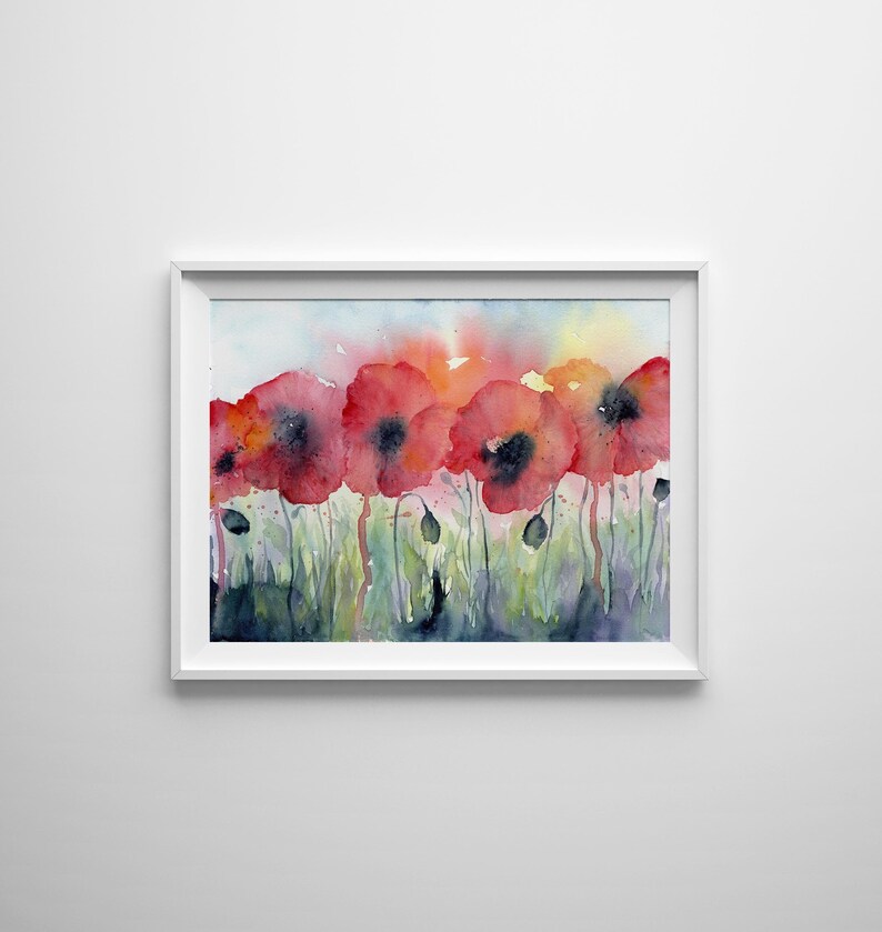 Red Poppy Watercolor Print – Floral Wall Art, Botanical Landscape ...