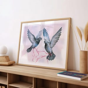 Charming Watercolor Print of Graceful Pigeons in Flight