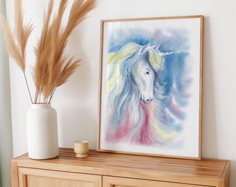 Affiche de chambre d'enfant à imprimé licorne, cadeau original pour fille fantastique, peinture