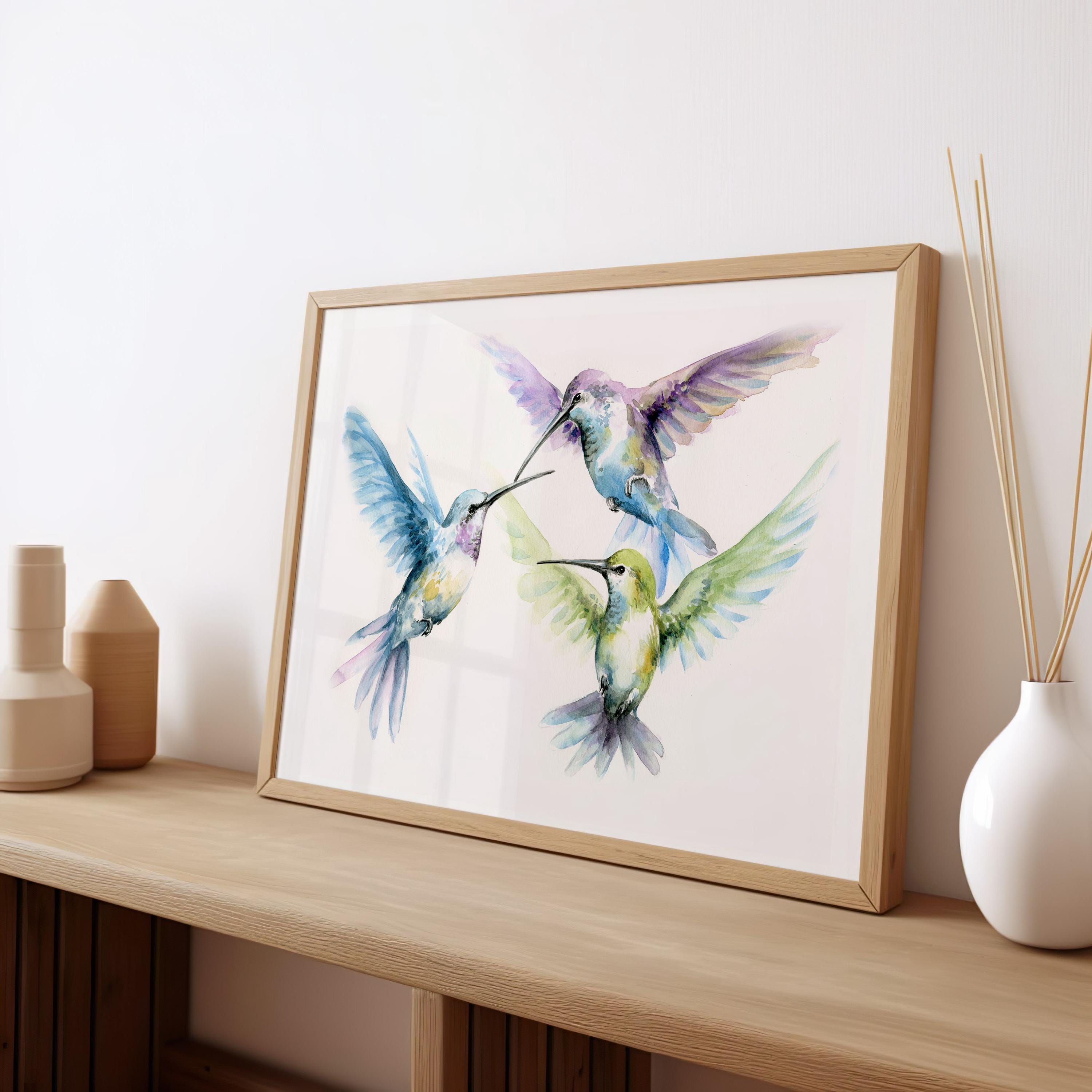 Vibrant Hummingbirds Modern Watercolor Print Coastal Wall Art Colibri ...