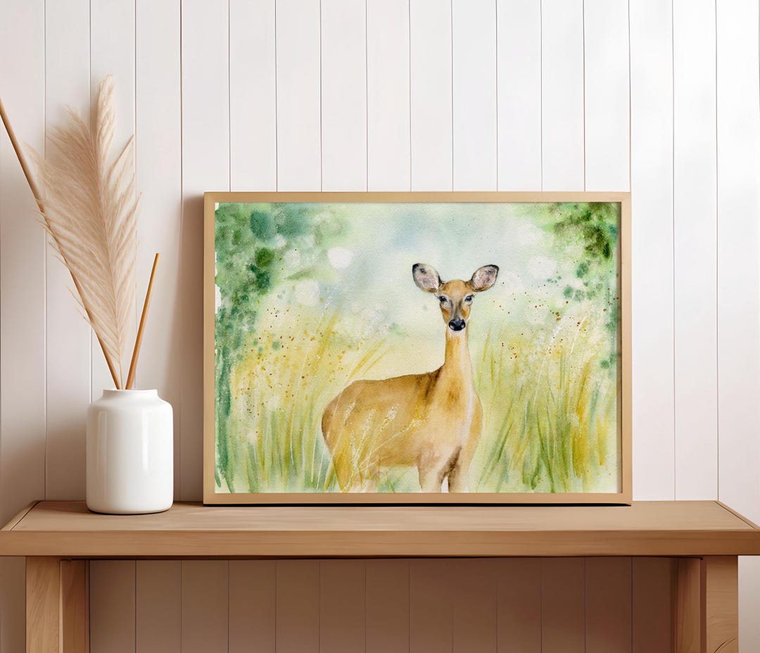 Deer Watercolor Landscape Print – Forest Animal Wall Art – Rustic ...