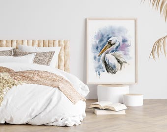 Impresión de acuarela de pelícano, elegante arte de aves costeras