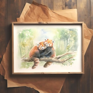 Romantische rode panda's kunst aan de muur, verjaardagscadeau voor koppels, schattig dierendecor, Valentijnsdagcadeau, liefdesmuurkunst