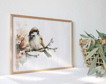 Impresión de acuarela de pájaro Pintura realista de gorrión