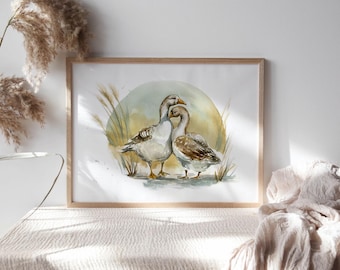 Graceful Kissing Geese Near the Lake Sunset Charming Watercolor Print of Country Wall Art Painting