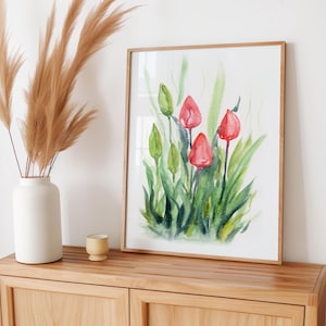 Tulipes, impression aquarelle, printemps, décoration murale, fleurs, art mural, peintures botaniques, impressions, cadeaux personnalisés, Robine Art Shop