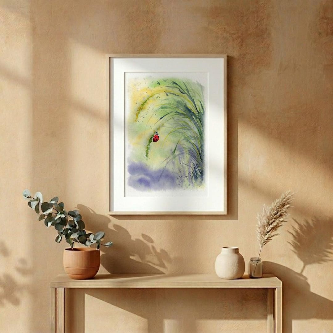Summer Ladybug Watercolor Art Print, Red Insect Nature Wall Art, Green ...