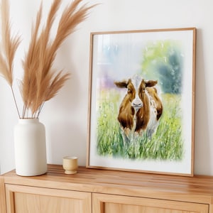 Stampa di mucca ad acquerello – Arte murale in stile fattoria – Decorazione con animali di campagna – Regalo per lei con dipinto di mucca – Decorazione rustica da fattoria