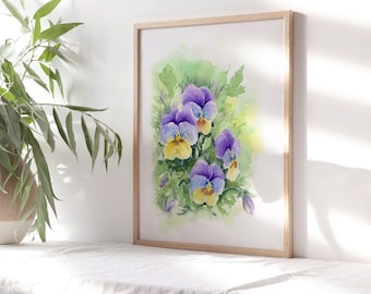 Impresión artística de acuarela de flor de pensamiento, decoración botánica para pared