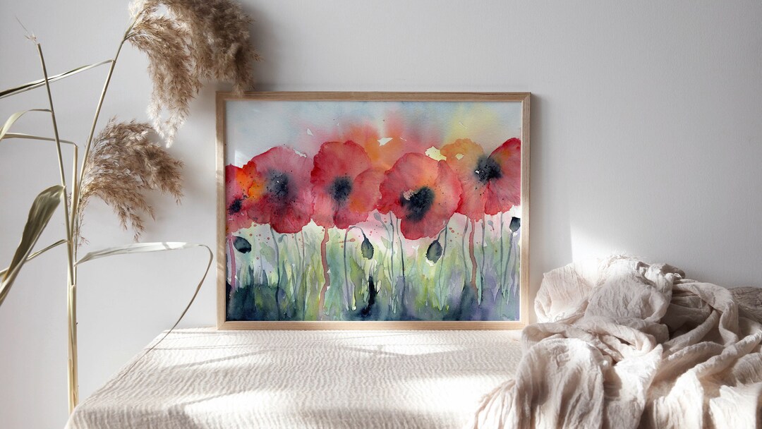 Poppy Painting Red Flowers Landscape Wall Art Watercolor Prints ...