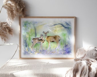 Deer Painting Watercolor Forest House Wall Art Landscape