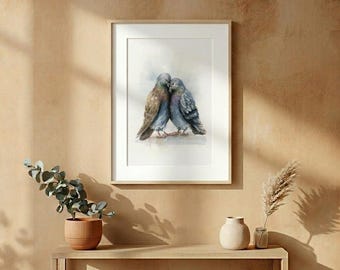 Aquarelle « Couple de pigeons amoureux » | Décoration murale romantique avec un couple d'oiseaux | Affiche d'oiseaux câlins | Cadeau d'anniversaire personnalisé | Décoration nature