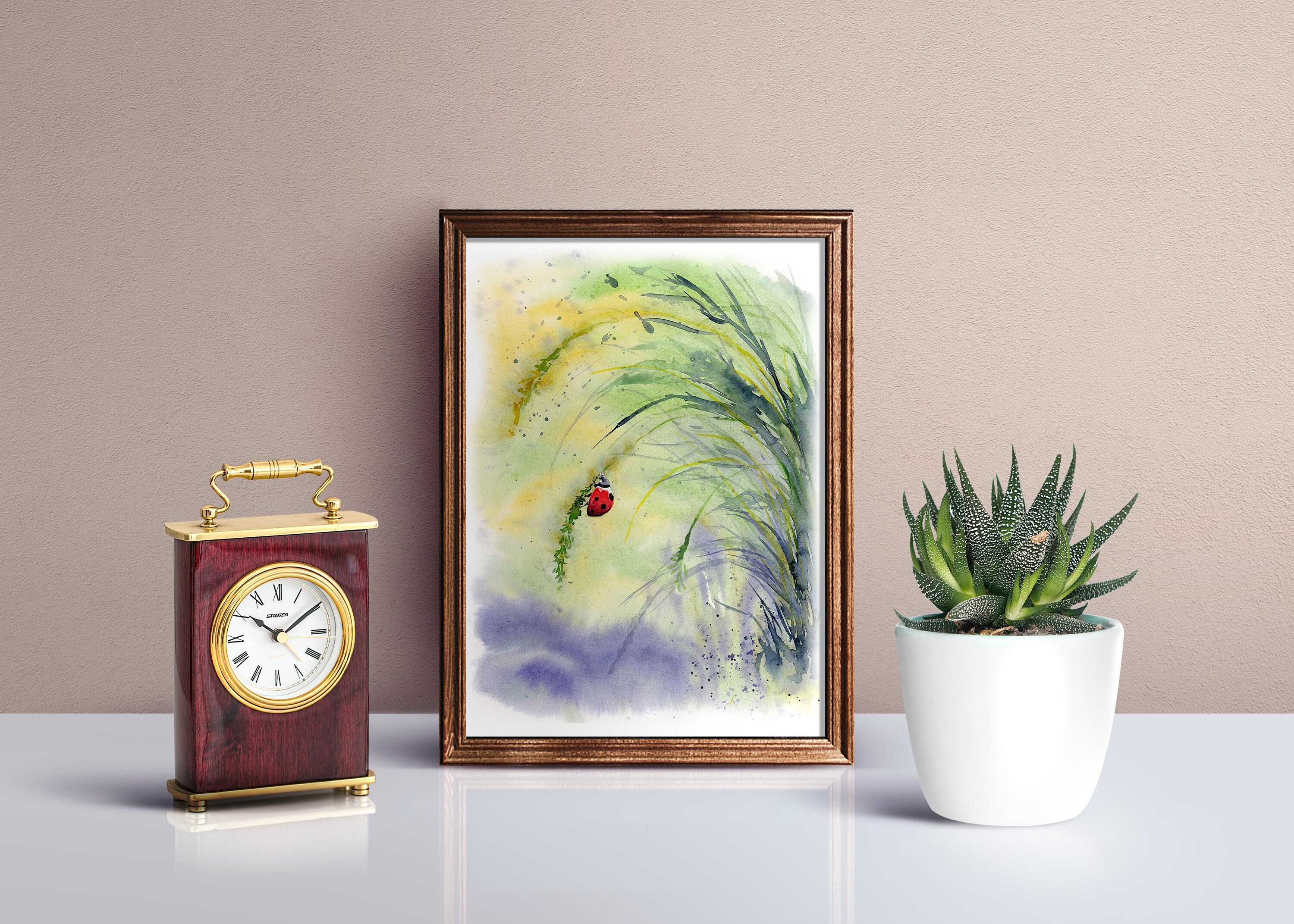 Summer Ladybug Watercolor Art Print, Red Insect Nature Wall Art, Green ...