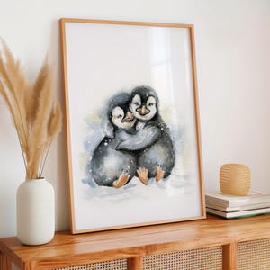 Pingouins mignons aquarelle oiseau art mural peinture impression cadeau unique