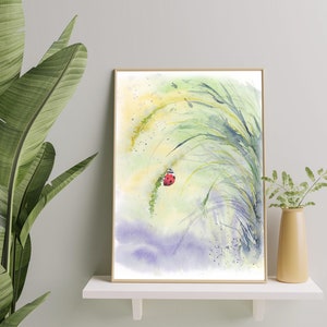 Summer Ladybug Watercolor Art Print, Red Insect Nature Wall Art, Green ...