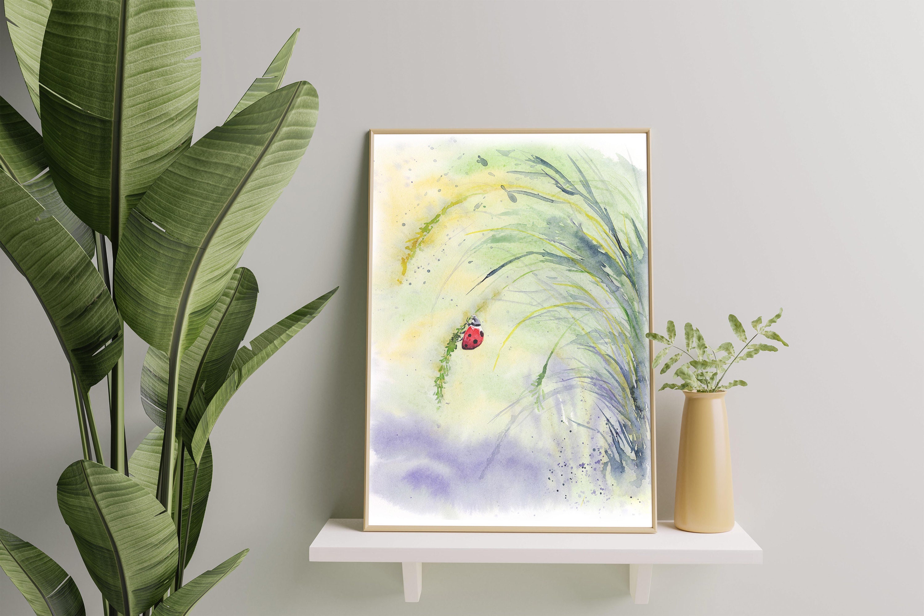 Summer Ladybug Watercolor Art Print, Red Insect Nature Wall Art, Green ...