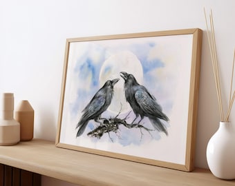 Impresión de acuarela de cuervo, arte de pared, pintura de pájaro cuervo