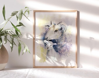 Sheep and Lamb Watercolor Art Print, Mother & Baby