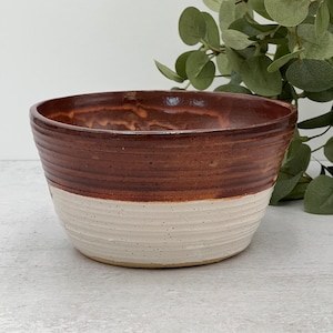 May include: A brown and white ceramic bowl with a speckled glaze. The bowl has a wide rim and a rounded bottom.