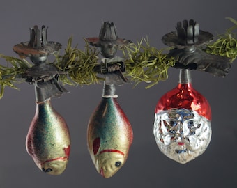 Ornements d'arbre de Noel - 3 supports de bougie 2 x poissons, 1 x Santa - verre mince de gaufrette (d. 10993)