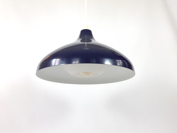 Vintage Dark Blue Pendant Light With Opaline Glass Shade 1950s