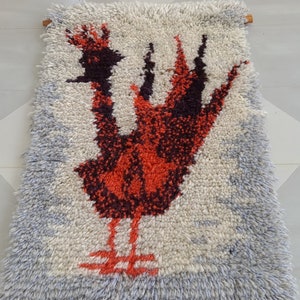 Handmade wall hanging rya rug. 1960s. Sweden. 22x15 inches. Mid Century Modern.