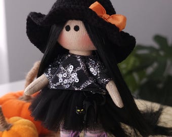 Cute mini witch, Halloween decor, amulet doll, doll for collection, handmade doll, Halloween gift, unique gift