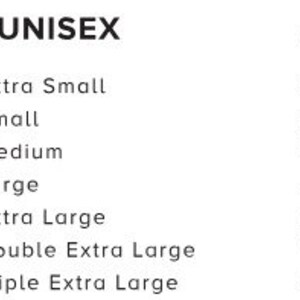 May include: A white size chart for men's/unisex clothing. Sizes range from XS to 3XL, with corresponding chest measurements in inches. The chart includes Extra Small, Small, Medium, Large, Extra Large, Double Extra Large, and Triple Extra Large.