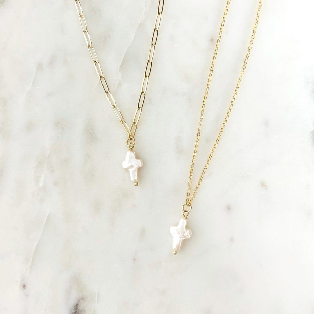 Barcelona Gold Cross on Genuine Freshwater Pearl Necklace main image 1