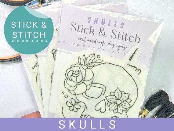 Skulls Stick and Stitch Embroidery Pattern, Embroidery Outline, Wash Away  Embroidery Transfer, Peel & Stick, Trendy Embroidery 