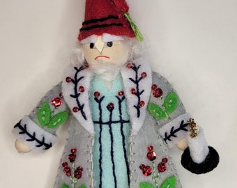 Ebenezer Scrooge Felt Ornament, Charles Dickens Christmas Carol Tree Decoration, Handmade Embroidered Heirloom Keepsake, Book Lover Gift